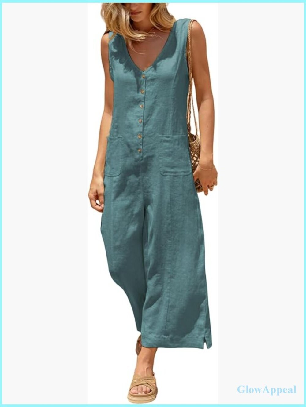 Women's Linen Cotton Sleeveless Button Down Jumpsuit Wide Leg Romper
